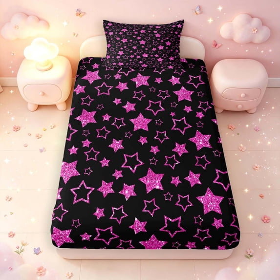 Manfei Sparkle Stars Printed Fitted Sheet Full,Kawaii Cartoon Themed Bed Set,Black Pink,3-Piece