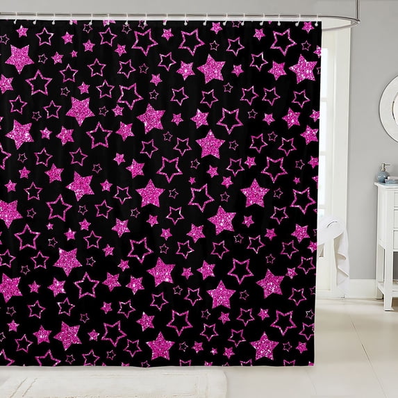 Manfei Sparkle Stars Printed Shower Curtain 72Wx78L,Kawaii Cartoon Themed Bath Curtain,Black Pink