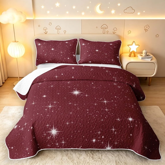Manfei Sparkle Stars Printed Twin Quilt Set,Cute Cartoon Themed Twin Coverlet Set,Red White,Black Reversible,2-Piece,1 Bedspread and 1 Pillowcase