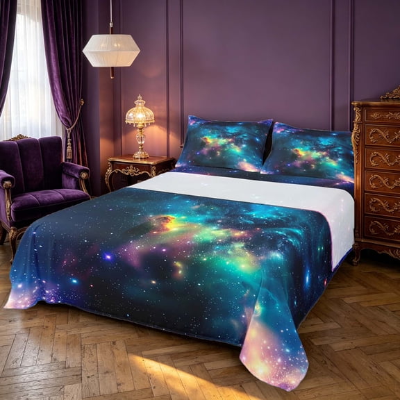 Manfei Sparkling Multicolor Galaxy Print Bed Sheets,Dreamy Interstellar Full Size Sheets,4pcs,1 Flat Sheet,1 Fitted Sheet and 2 Pillowcases