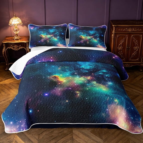 Manfei Sparkling Multicolor Galaxy Print Quilt King,Dreamy Interstellar King Coverlet Set,Black Reversible,3 Pieces,1 Bedspread and 2 Pillowcases