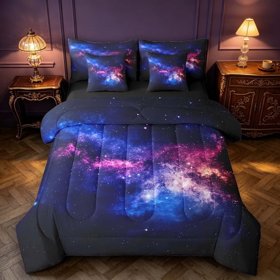 Manfei Sparkling Purple Nebula Print 7-Piece Twin Bedding,Celestial Stars Bedding Comforter Set,Black Reversible