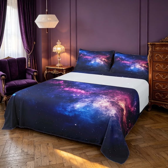 Manfei Sparkling Purple Nebula Print King Sheets,Celestial Stars Bedding,4pcs,1 Flat Sheet,1 Fitted Sheet and 2 Pillowcases