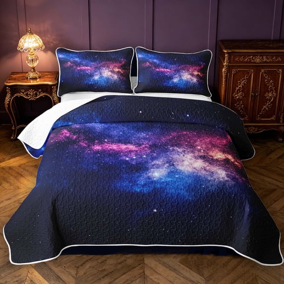 Manfei Sparkling Purple Nebula Print Quilt Full,Celestial Stars Full Bedspread Sets,Black Reversible,3-Piece,1 Coverlet and 2 Pillowcases
