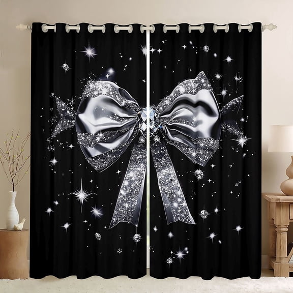 Manfei Sparkling Sequins Grey Bow Knot Curtains Pack of 2 (42x84 Each) for Kids Teens,Girls Women Bling Glitter Print Bow Curtains Blackout,Ultra Soft Home Decor
