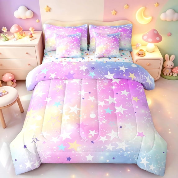 Manfei Sparkling Stars Print 7-Piece King Bedding,Rainbow Gradient King Bed in a Bag,Multicolor,Colorful Stars Reversible