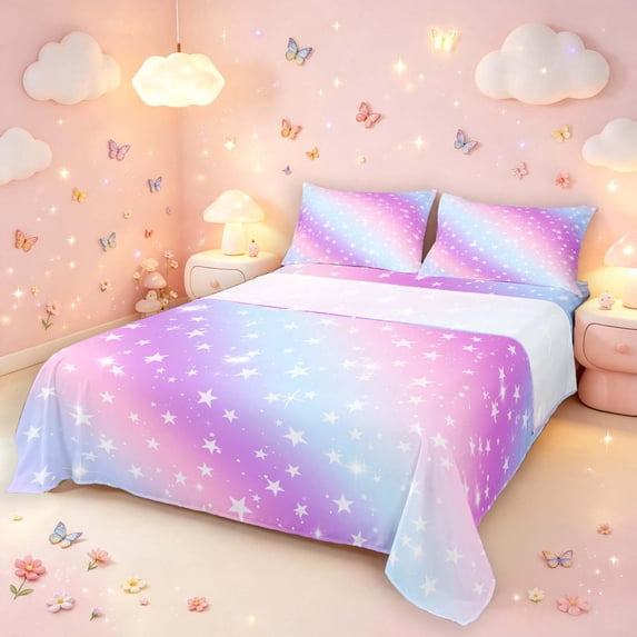 Manfei Sparkling Stars Print King Sheets,Rainbow Gradient Bedding,Purple Blue,4pcs,1 Flat Sheet,1 Fitted Sheet and 2 Pillowcases