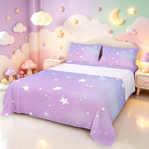 Manfei Sparkling Stars Print Queen Sheets,Gradient Lavender Galaxy Queen Sheet Sets,4pcs,1 Flat Sheet,1 Fitted Sheet and 2 Pillowcases