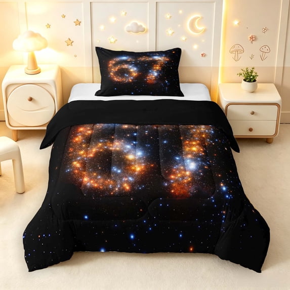 Manfei Sparkling Stars Print Twin Comforter Sets,Celestial Deep Galaxy Bedding Set,Black Orange Blue,Black Reversible,2pcs,1 Comforter and 1 Pillowcase