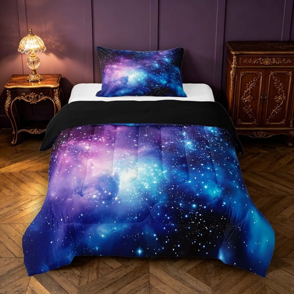 Manfei Sparkling Stars Print Twin Comforter Sets,Celestial Purple Nebula Bedding Set,Black Reversible,2 Pieces,1 Comforter and 1 Pillowcase