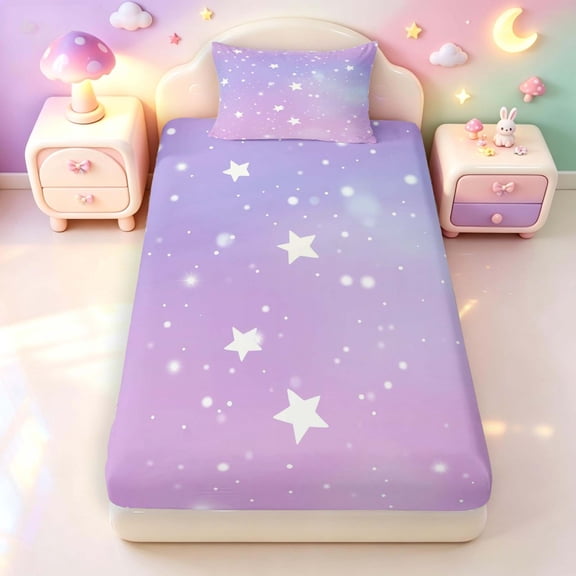 Manfei Sparkling Stars Print Twin Fitted Sheet,Gradient Lavender Galaxy Bedding,2-Piece
