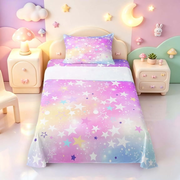 Manfei Sparkling Stars Print Twin Sheets,Rainbow Gradient Bedding,Multicolor,3 Pieces,1 Flat Sheet,1 Fitted Sheet and 1 Pillowcase