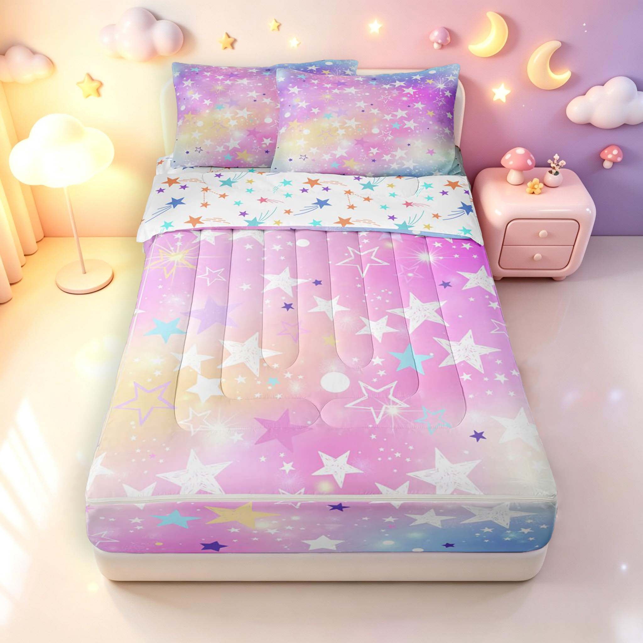 Manfei Sparkling Stars Print Zipper Twin Comforter Sets with Fitted ...