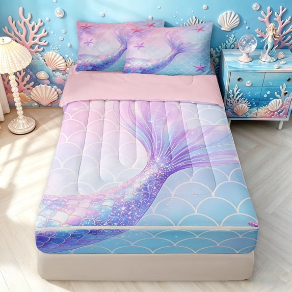 Manfei Sparkly Mermaid Tail Zipper Twin Comforter Sets with Fitted Sheet and 2 Pillowcases, Starfish Scale Zipper Bedding Set, Purple Pink, Pink Reversible, 4-Piece
