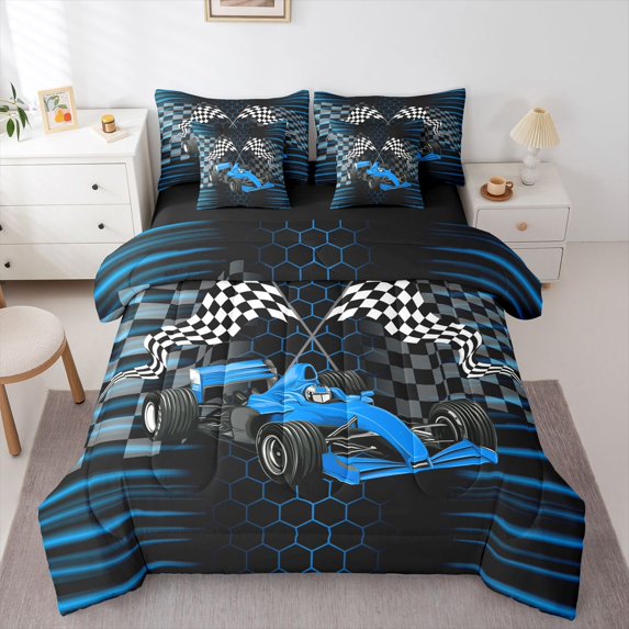 Manfei Speed Car 7-Piece Twin Bedding,Checkerboard Flag Bedding Comforter Set,Blue,Black Reversible