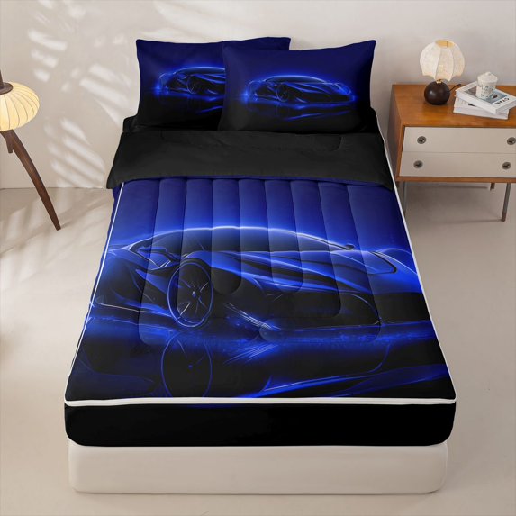 Manfei Speed Car Zipper Twin Comforter Sets with Fitted Sheet and 2 Pillowcases,Navy Blue Neon Light Print Zipper Bedding Set,Black Reversible,4pcs