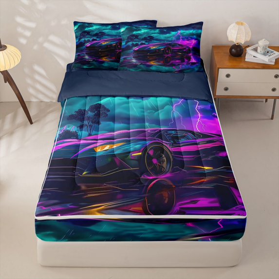 Manfei Speed Car Zipper Twin Comforter Sets with Fitted Sheet and 2 Pillowcases,Stormy Sky Zipper Bedding Set,Purple,Navy Blue Reversible,4pcs