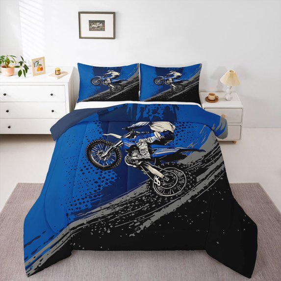 Manfei Speed Motocross Full Size Comforter Sets,Speed Theme Bedding Comforter Set,Blue,Navy Blue Reversible,3pcs,1 Comforter and 2 Pillowcases
