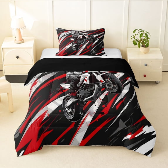 Manfei Speed Motocross Twin Comforter Sets,Speed Games Bedding Set,Red White,Black Reversible,2pcs,1 Comforter and 1 Pillowcase