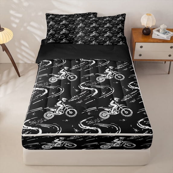 Manfei Speed Motocross Zipper Full Size Comforter Sets with Fitted Sheet and 2 Pillowcases,Extreme Sport Zipper Bedding Set,Black,Black Reversible,4pcs