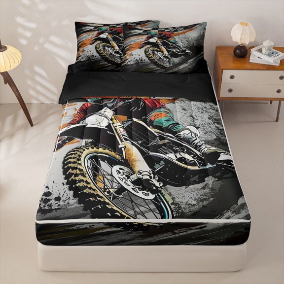 Manfei Speed Motocross Zipper Twin Comforter Sets with Fitted Sheet and 2 Pillowcases,Checkered Print Zipper Bedding Set,White Black,Black Reversible,4pcs