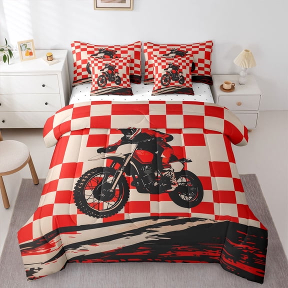 Manfei Speed Motorbike 7-Piece Twin Bedding,Red Checkered Pattern Bedding Comforter Set,Reversible