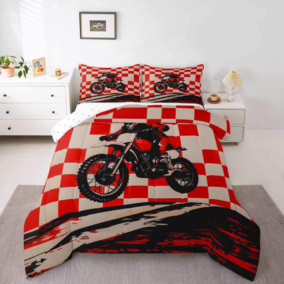 Manfei Speed Motorbike Full Size Comforter Sets,Red Checkered Pattern Bedding Comforter Set,Reversible,3-Piece,1 Comforter and 2 Pillowcases