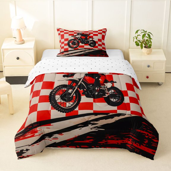 Manfei Speed Motorbike Twin Comforter Sets,Red Checkered Pattern Bedding Set,Reversible,2pcs,1 Comforter and 1 Pillowcase