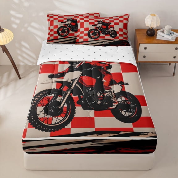 Manfei Speed Motorbike Zipper Twin Comforter Sets with Fitted Sheet and 2 Pillowcases,Red Checkered Pattern Zipper Bedding Set,Reversible,4pcs