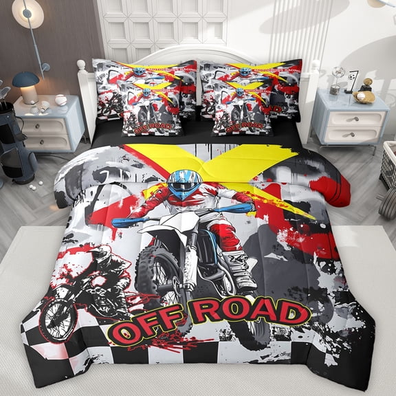 Manfei Speed Motorcycle 7pcs Bedding Comforter Set,Extreme Sport Queen Bedding Sets,Watercolor Splash Ink Queen Sheet Sets For Boys Kids,Microfiber Bedroom Decor Reversible