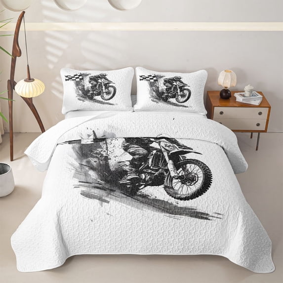 Manfei Speed Motorcycle Bed Spread Queen,Checkerboard Print Queen Coverlet Set,White,3-Piece
