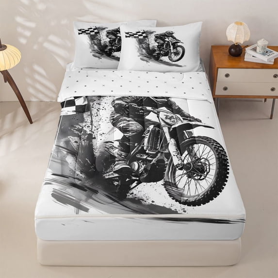 Manfei Speed Motorcycle Zipper Twin Comforter Sets with Fitted Sheet and 2 Pillowcases,Checkerboard Print Zipper Bedding Set,White,Reversible,4pcs