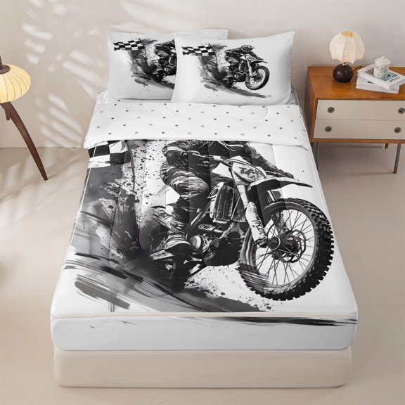 Manfei Speed Motorcycle Zipper Twin Comforter Sets with Fitted Sheet and 2 Pillowcases,Checkerboard Print Zipper Bedding Set,White,Reversible,4pcs