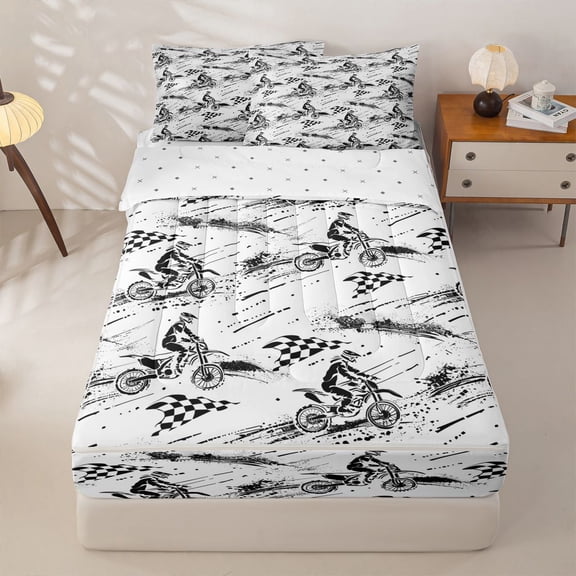 Manfei Speed Motorcycle Zipper Twin Comforter Sets with Fitted Sheet and 2 Pillowcases,Plaid Pattern Zipper Bedding Set,White,Reversible,4pcs