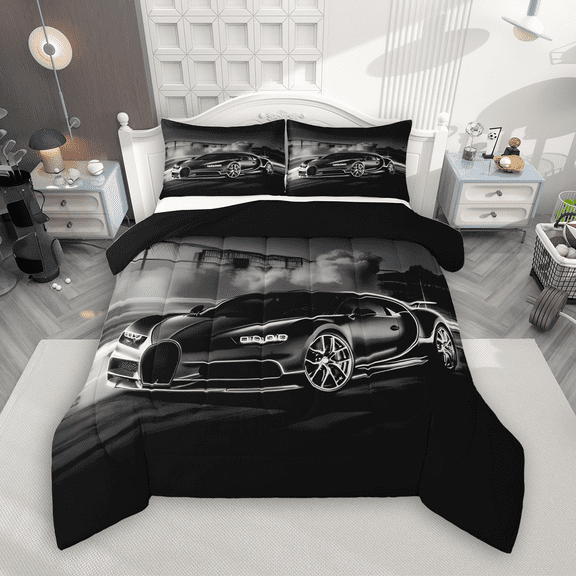 Manfei Speed Racing Car Bedding Comforter Set 2pcs for Teen Boys Men, Black Sports Car Twin Comforter Sets, Race Car Game Bedding Set, Breathable Home Decor