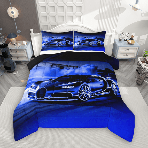 Manfei Speed Racing Car Bedding Comforter Set 2pcs for Teen Boys Men, Blue Sports Car Twin Comforter Sets, Race Car Game Bedding Set, Super Cozy Room Decor