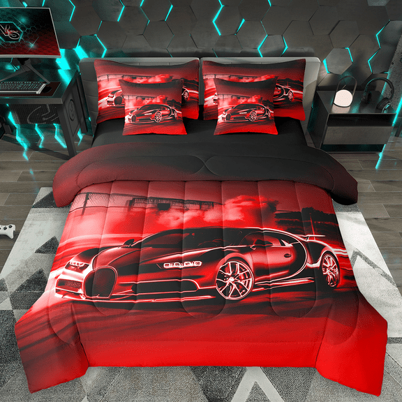 Manfei Speed Racing Car Bedding Comforter Set 7-Piece for Teen Boys Men, Red Sports Car Full Bedding Set, Race Car Game Fitted Sheet Flat Sheet, Lightweight Room Decor