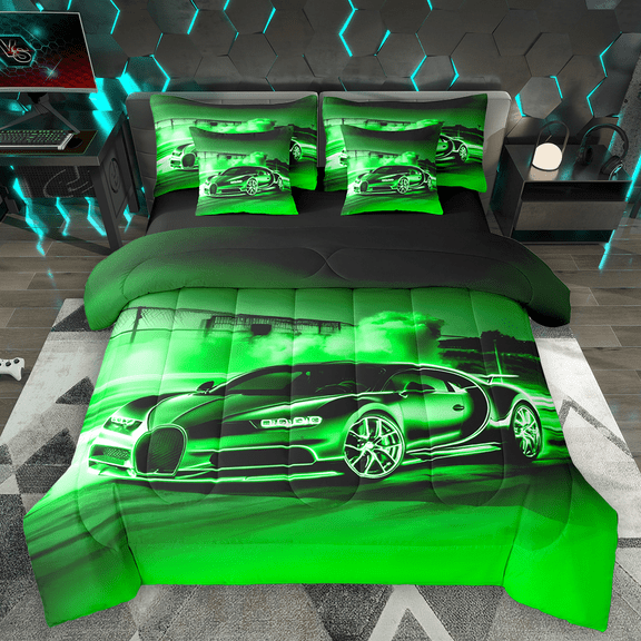 Manfei Speed Racing Car Bedding Comforter Set 7pcs for Teen Boys Men, Green Sports Car King Bedding Sets, Race Car Game Bed Sheets, Luxury Bedroom Decor