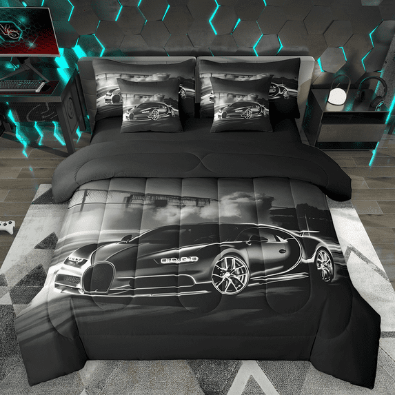 Manfei Speed Racing Car Twin Bedding Sets 7pcs for Teen Boys Men, Black Sports Car Bedding Comforter Set, Race Car Game Sheet Sets, Breathable Home Decor