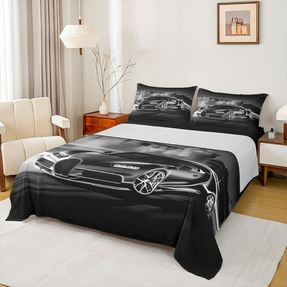Manfei Speed Racing Car Twin Sheet Sets 3pcs for Teen Boys Men, Black Sports Car Twin Fitted Sheet, Race Car Game Flat Sheet, Breathable Home Decor