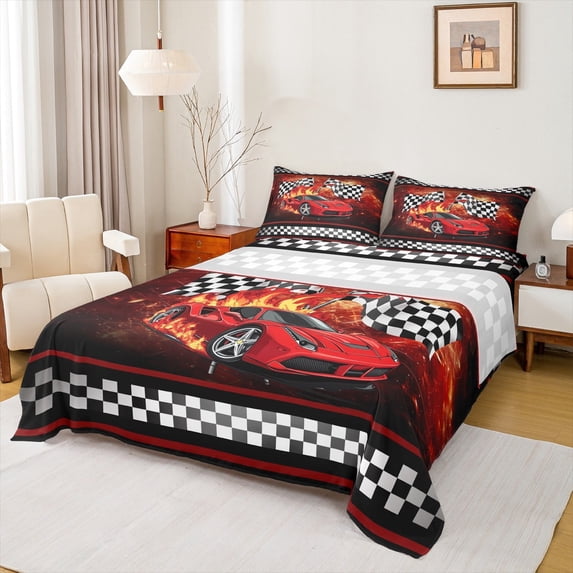 Manfei Speed Sport Bed Sheets Set Queen Size, Racing Car Bed Sheets Queen, Teenager Boys Girls Bedding Queen Size, Super Cozy Bedroom Decorative, 4pcs