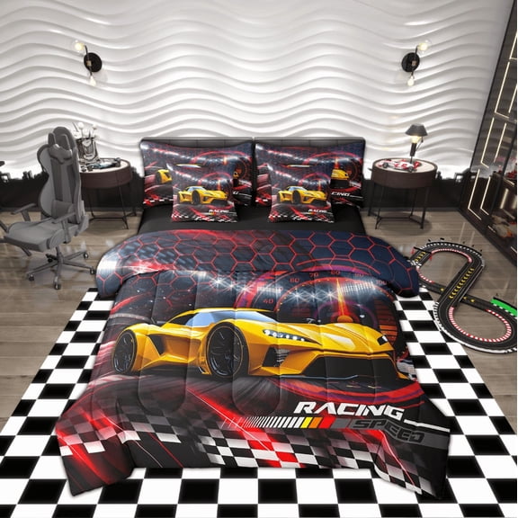 Manfei Speed Sport Bedding Full Size, Racing Car Bedding Sets Full Size, Teenager Boys Girls Reversible Comforter Sets, Lightweight Bedroom Decoration, 7pcs