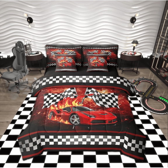 Manfei Speed Sport Bedding Queen Size, Racing Car Bedding Sets Queen Size, Teenager Boys Girls Reversible Comforter Sets, Super Cozy Bedroom Decorative, 7pcs