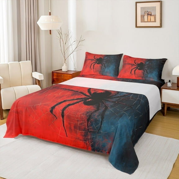 Manfei Spider Print Bed Sheets Set Twin Size, Red Steel Blue Bed Sheets Twin, Vintage Gothic Bedding Twin Size, Breathable Bedroom Decorative, 3 Pieces