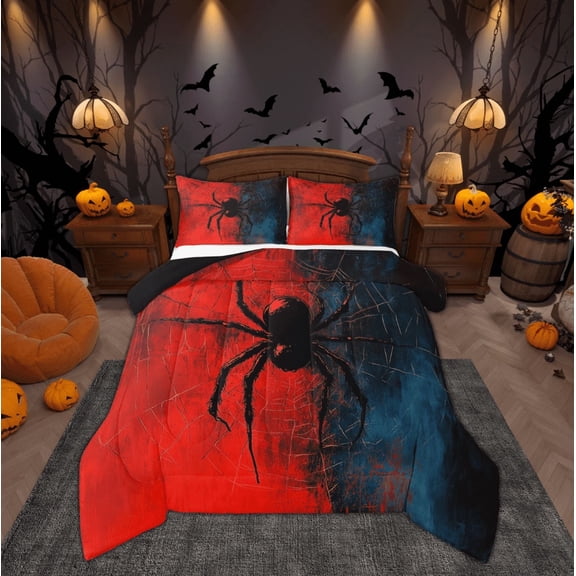 Manfei Spider Print Comforter Sets Twin Size, Red Steel Blue Comforters & Duvets, Vintage Gothic Reversible Bedding Twin Comforter Set, Breathable Bedroom Decorative, 2 Pieces