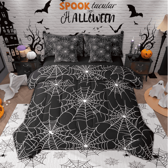 Manfei Spider Web Bedding Comforter Set 7-Piece, Happy Halloween King Bedding Sets for Boys Girls, Black and White Bed Sheets, Microfiber Bedroom Decor