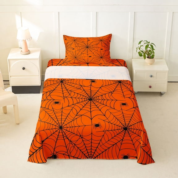 Manfei Spider Web Print Twin Sheets,Halloween Theme Bedding,Orange,3pcs,1 Fitted Sheet and 1 Pillowcase