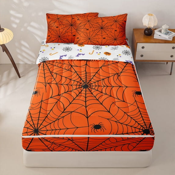 Manfei Spider Web Print Zipper Full Size Comforter Sets with Fitted Sheet and 2 Pillowcases,Halloween Theme Zipper Bedding Set,Orange,Halloween Reversible,4pcs