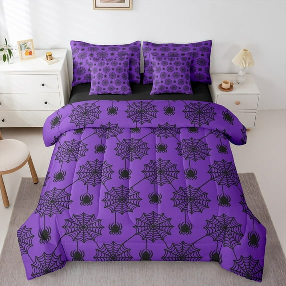 Manfei Spider Webs 7 Pieces Bedding Comforter Set,Spooky Halloween Full Bedding Set,Black Purple Fitted Sheet Flat Sheet For Boys Kids,Luxury Bedroom Decor Reversible