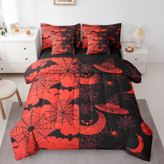 Manfei Spider Webs 7pcs Bedding Comforter Set,Spooky Halloween Bats Queen Bedding Sets,Red Black Queen Sheet Sets For Teens,Luxury Bedroom Decor Reversible